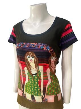 Vintage Graphic Baby Tee Large Mod Pop Art Girl Face Y2K Cotton Top -